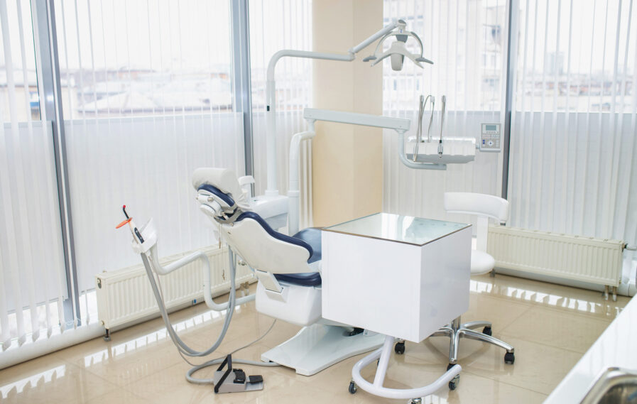 Special dental equipment at dentist office, interior with panoramic windows.